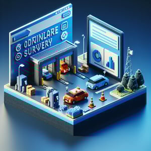 3D voxel art depicting online car wash surveys, featuring dark blue background.