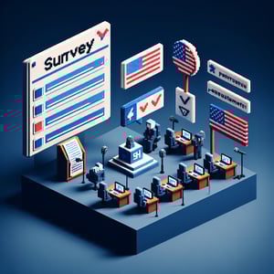 3D voxel art depicting online political surveys against a dark blue background.