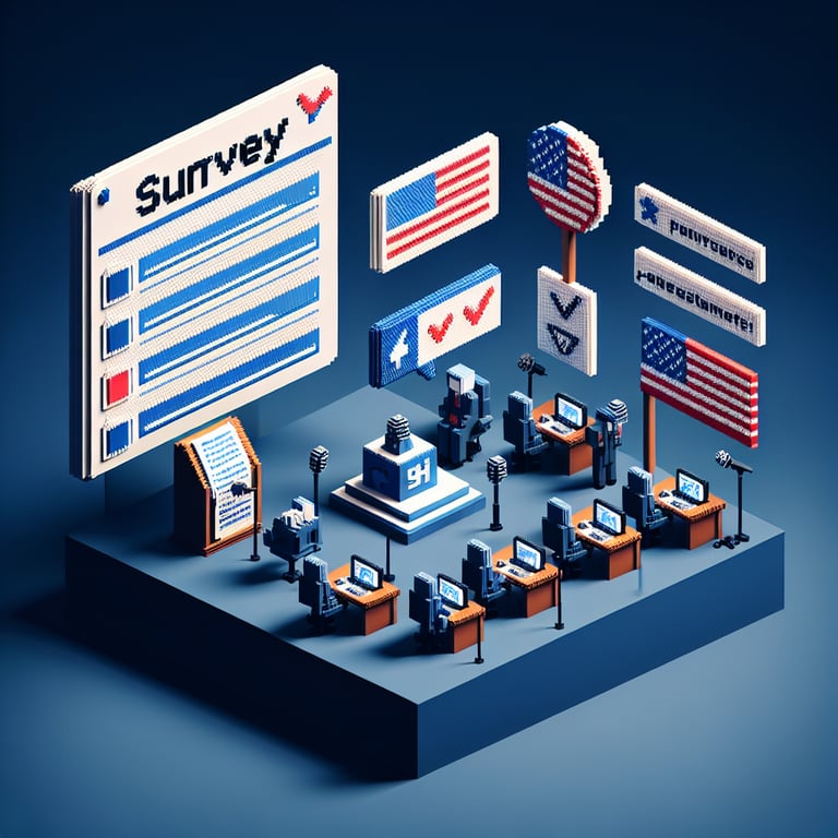 3D voxel art depicting online political surveys against a dark blue background.