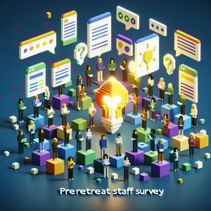 3D voxel art depicting online preretreat staff surveys with a dark blue background.
