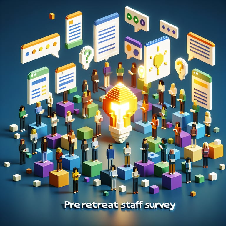 3D voxel art depicting online preretreat staff surveys with a dark blue background.
