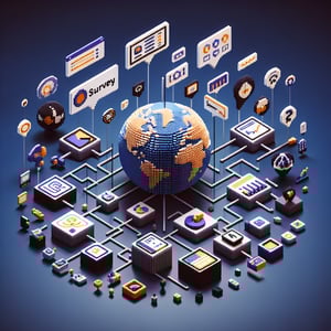 3D voxel art depicting online globalisation surveys with a dark blue background.