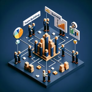 3D voxel art depicting the concept of online team building surveys on a dark blue background.