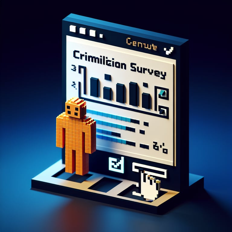 3D voxel art depicting online national crime victimization survey process on a dark blue background.