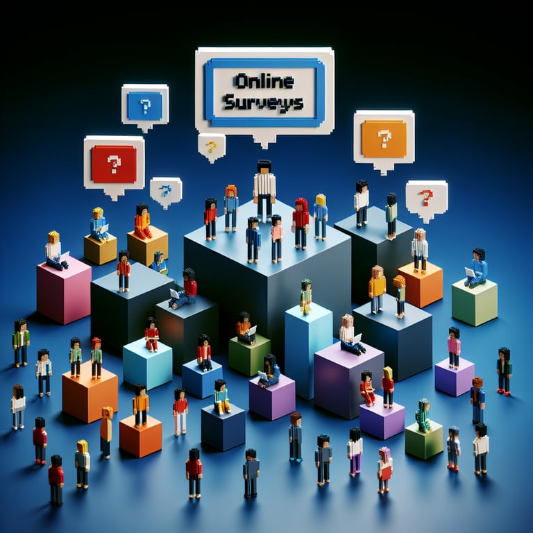 3D voxel art showcasing online surveys, symbolizing free employee engagement survey questions.