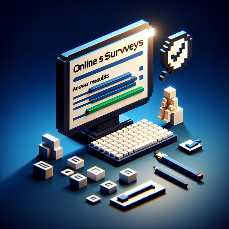 3D voxel art depicting online surveys with a dark blue background, representing BRFSS survey questions.