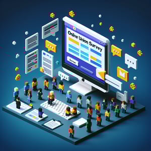 3D voxel art depicting online union surveys on a dark blue background.