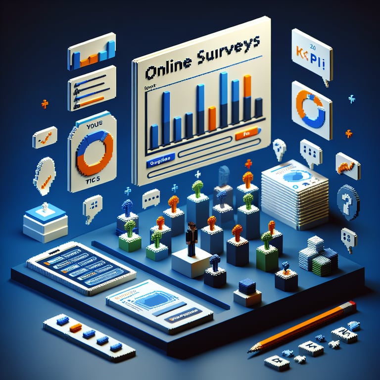 3D voxel art depicting online surveys with a dark blue background, symbolizing KPI survey questions.