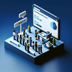 3D voxel art depicting online surveys, symbolizing training needs analysis survey questions.