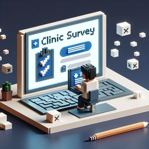 3D voxel art depicting online clinic survey concept on a dark blue background.