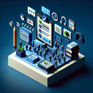 3D voxel art depicting the concept of online surveys and questions on a dark blue background.