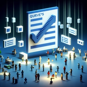 3D voxel art depicting online surveys with a dark blue background, ideal for a tool survey landing page.