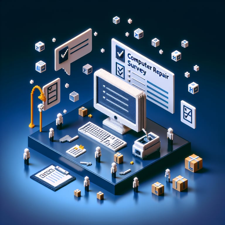 3D voxel art depicting online computer repair survey process on a dark blue background.