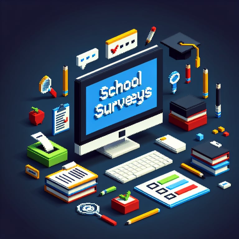 3D voxel art depicting end of the year school survey concept on a dark blue background.