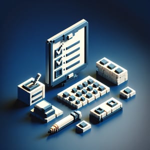 3D voxel art depicting online surveys, set against a dark blue background, representing Fanthom Events Survey.
