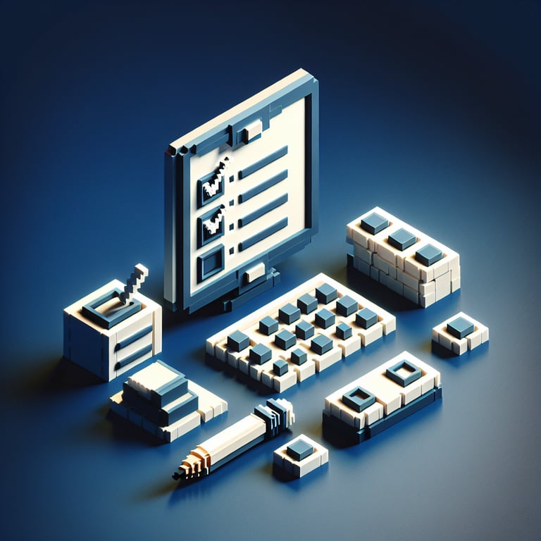 3D voxel art depicting online surveys, set against a dark blue background, representing Fanthom Events Survey.