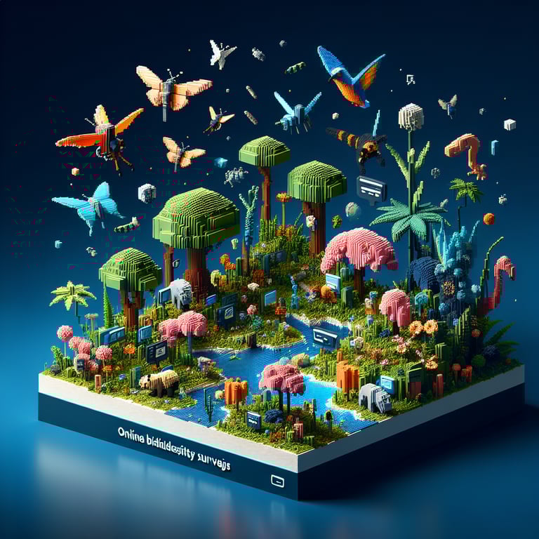 3D voxel art illustrating ecological diversity assessment survey in a voxelized style