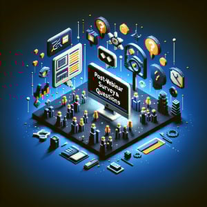 3D voxel art depicting online surveys, symbolizing post-webinar survey questions on a dark blue background.