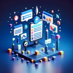 3D voxel art depicting online communication surveys on a dark blue background.