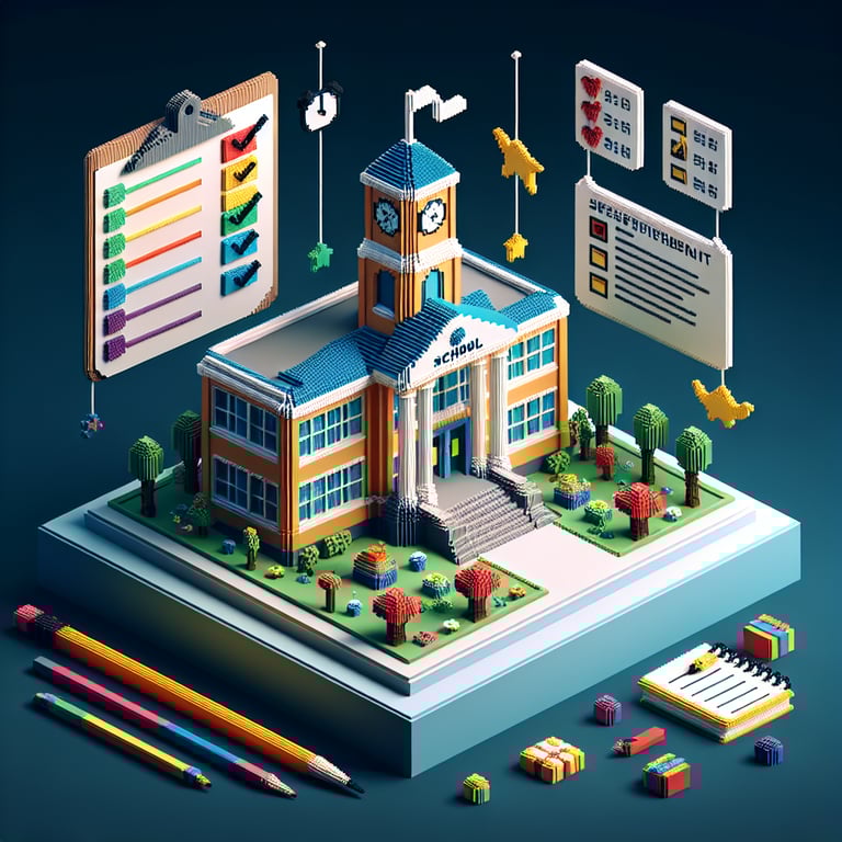 3D voxel art depicting the concept of online school facilities satisfaction surveys on a dark blue background.