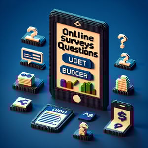 3D voxel art depicting online budgeting surveys, set against a dark blue background.
