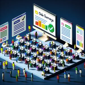 3D voxel art depicting online leadership development survey process on a dark blue background.