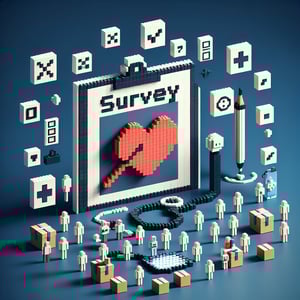 3D voxel art depicting online breast cancer survey concept on a dark blue background.