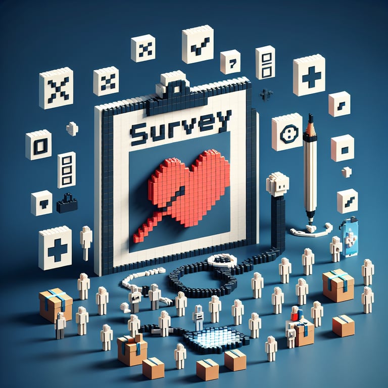 3D voxel art depicting online breast cancer survey concept on a dark blue background.