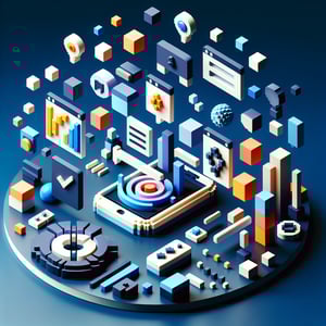 3D voxel art depicting online consumer perception surveys, with a dark blue background.