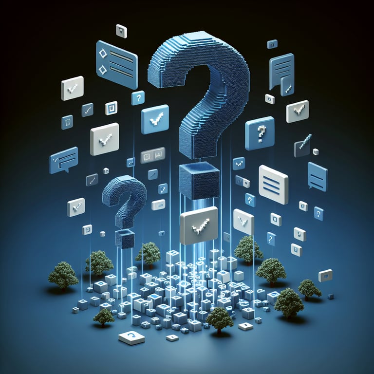 3D voxel art depicting online post surveys with a dark blue background.