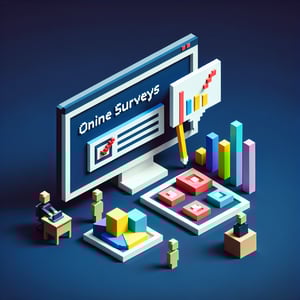3D voxel art depicting online surveys and questions on a dark blue background.