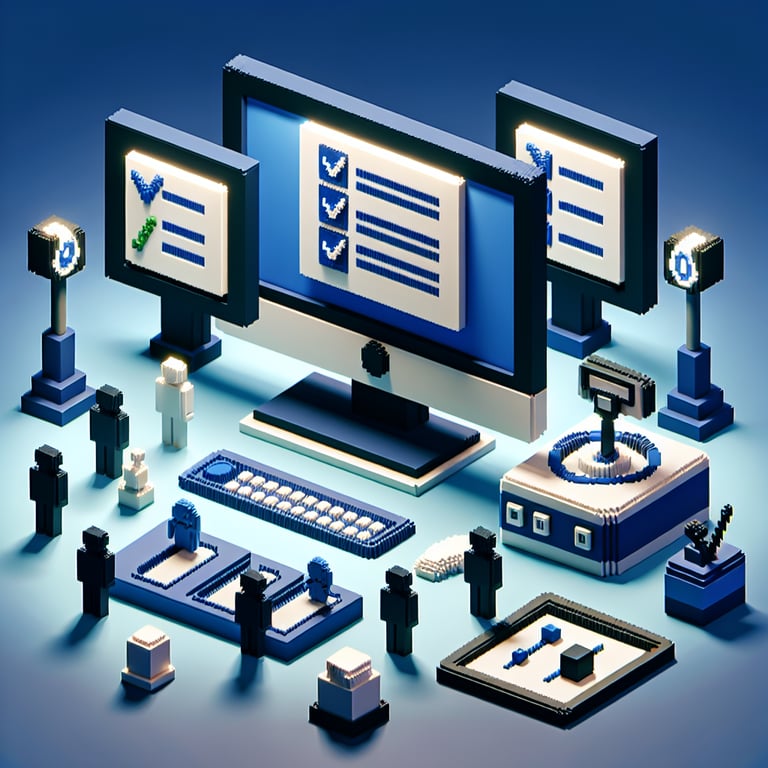 3D voxel art depicting online end of course surveys on a dark blue background.