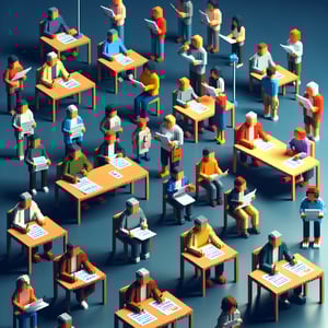 3D voxel art depicting online parent student surveys on a dark blue background.
