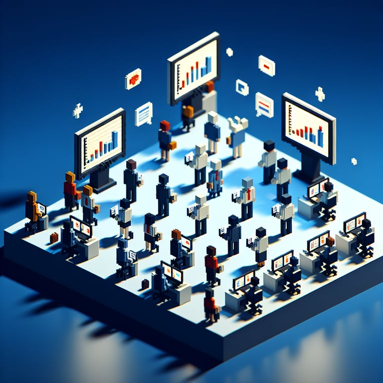 3D voxel art illustrating online employee workload surveys with a dark blue background.
