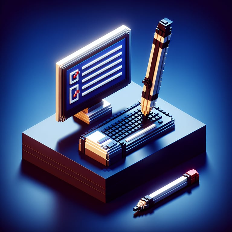 3D voxel art depicting the concept of online surveys and questions on a dark blue background.