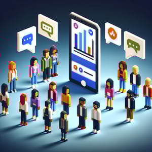 3D voxel art depicting online culture and diversity surveys on a dark blue background.