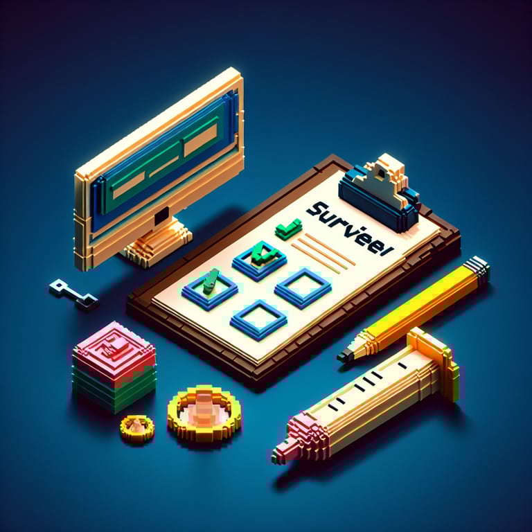 3D voxel art depicting digital survey process with elements related to condom usage on a dark blue background.