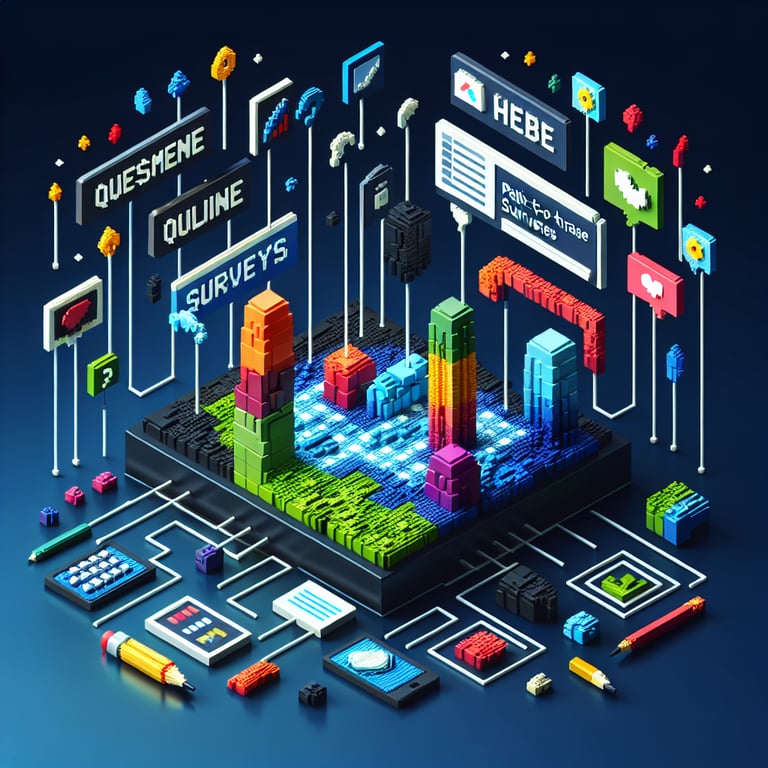 3D voxel art depicting online surveys, with a dark blue background, symbolizing path to purchase surveys.