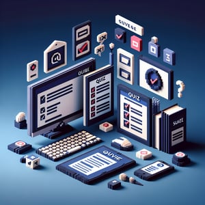 3D voxel art depicting online surveys, set against a dark blue background, for an ebook survey page.