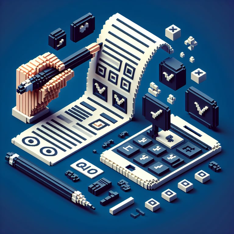 3D voxel art depicting online surveys, symbolizing Deseret Industries receipt survey questions.