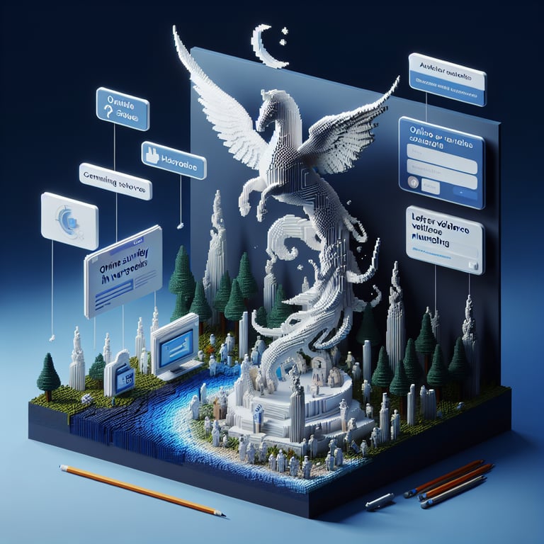 3D voxel art depicting online surveys about lateral violence in nursing on a dark blue background.