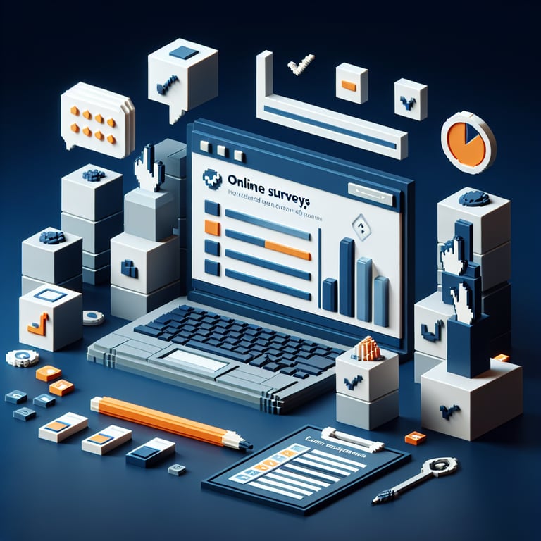 3D voxel art depicting online surveys, set against a dark blue background. No text or branding.