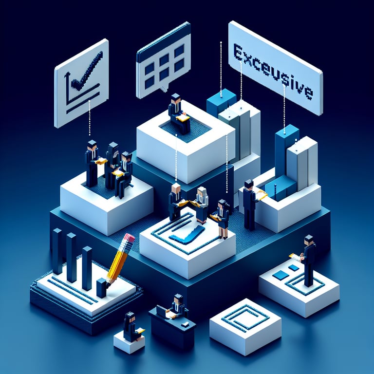 3D voxel art depicting the concept of online executive surveys on a dark blue background.