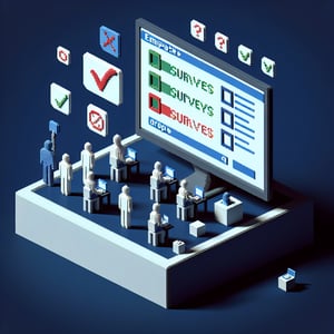 3D voxel art depicting online employment surveys with a dark blue background.