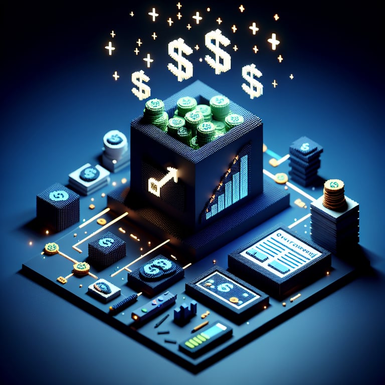 3D voxel art depicting online surveys, in a dark blue background, illustrating how to answer for money surveys.
