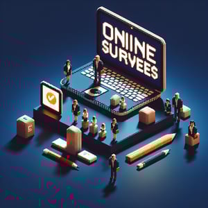 3D voxel art depicting online consumer behavior surveys on a dark blue background.