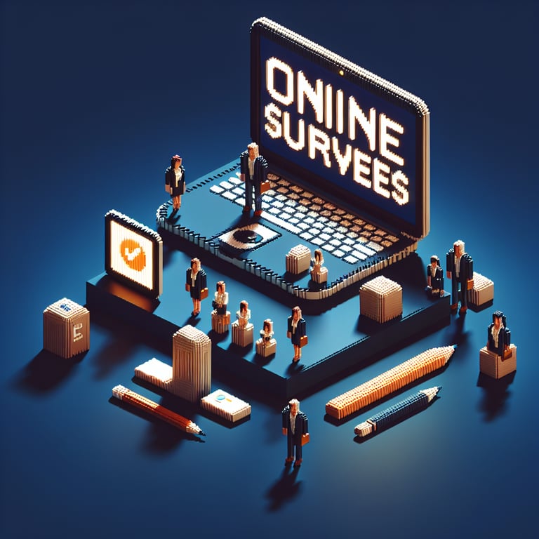 3D voxel art depicting online consumer behavior surveys on a dark blue background.