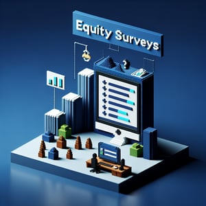 3D voxel art depicting online equity survey concept on a dark blue background.