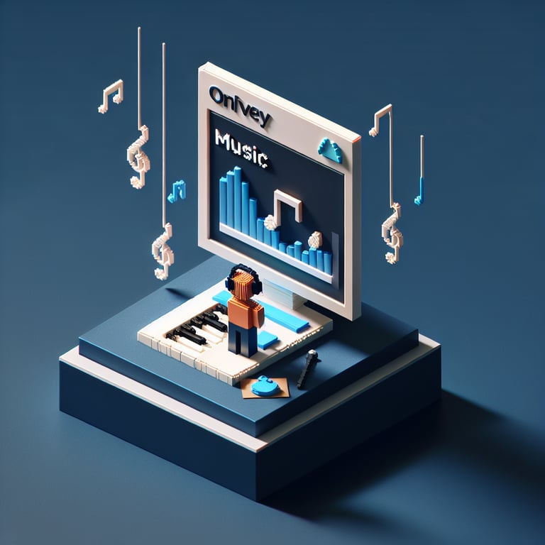 3D voxel art depicting the concept of engaging online music surveys on a dark blue background.