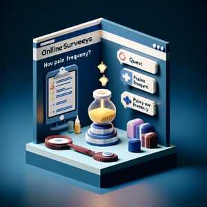 3D voxel art depicting online survey process, focusing on asking pain frequency questions, on dark blue background.